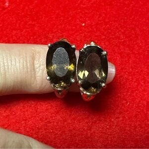 Vintage Silvertone Brown Rhinestone, Small Hoop Earrings ￼